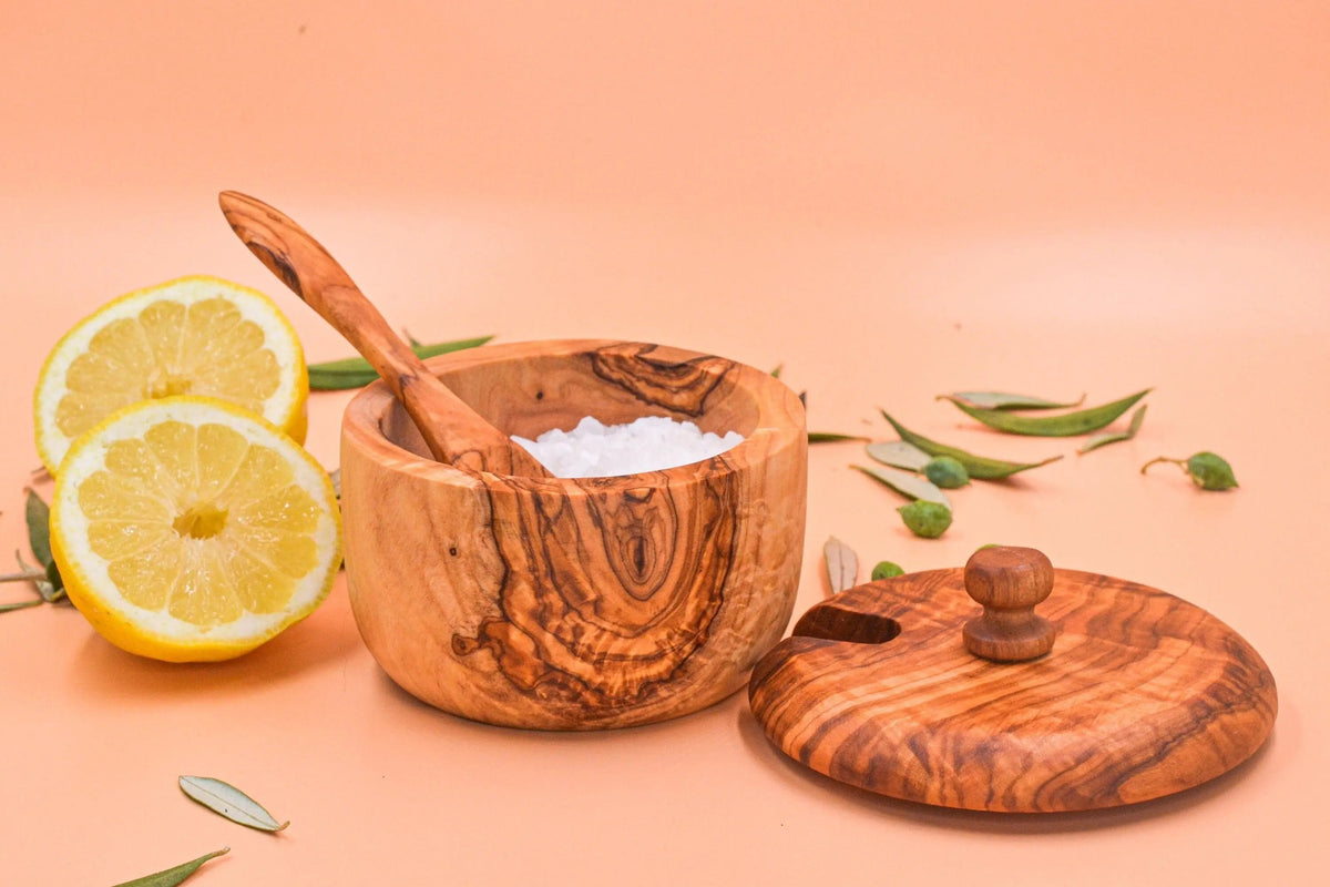 Wooden Salt Cellar with Spoon On Wooden