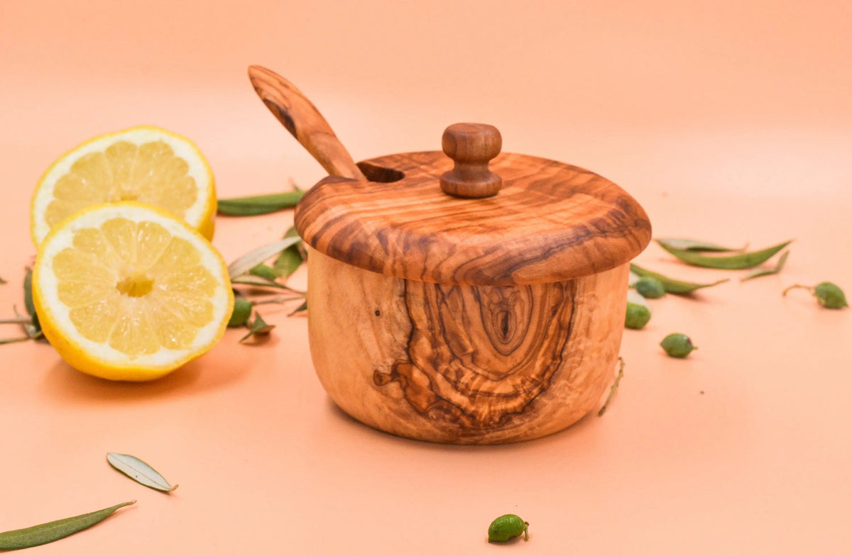 Wooden Salt Cellar with Spoon On Wooden