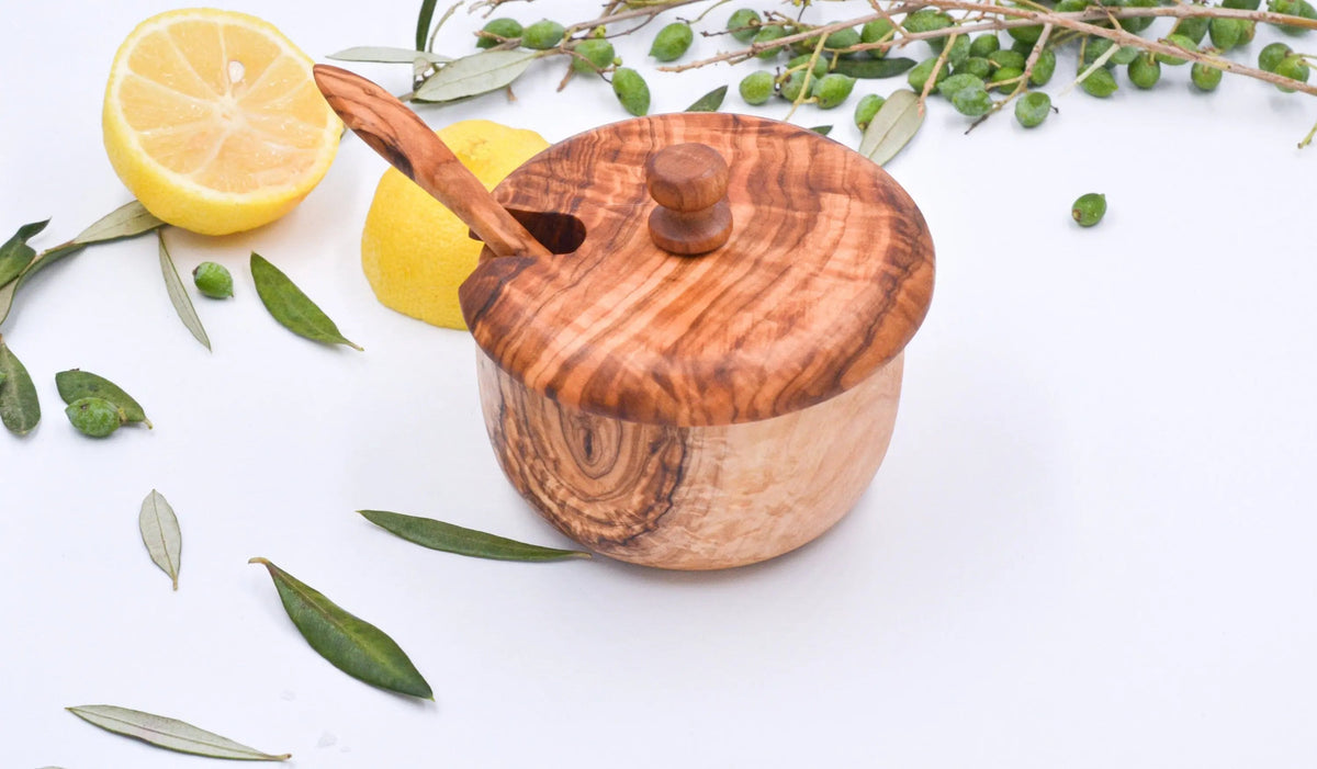 Wooden Salt Cellar with Spoon On Wooden