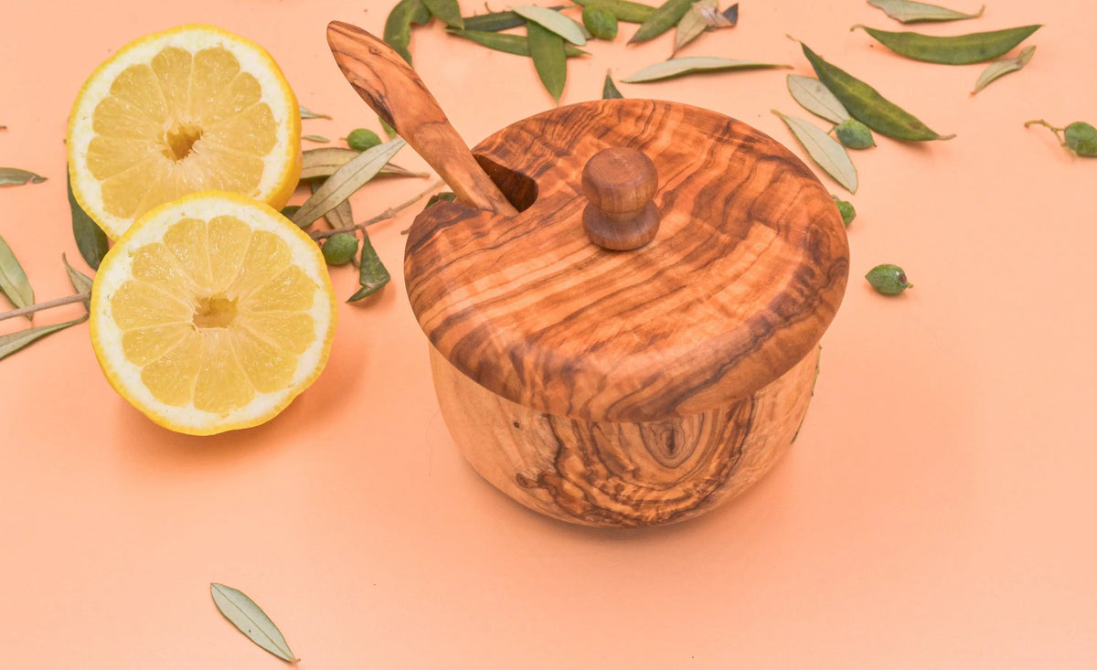 Wooden Salt Cellar with Spoon On Wooden