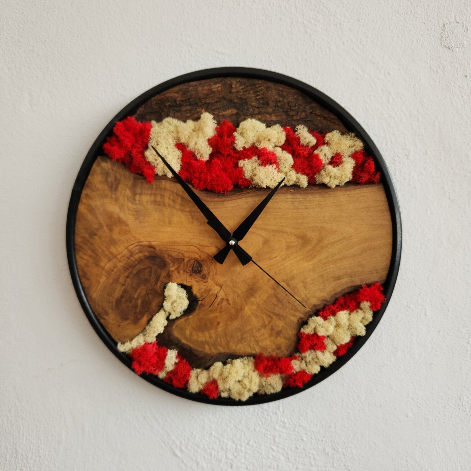 Custom Moss Olive Wood Wall Clock On Wooden